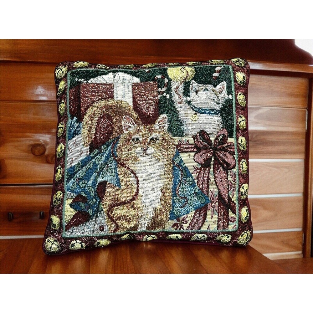 Vtg Christmas Curiosity CATS THROW Pillow WHIMSICAL KITTY WOVEN TAPESTRY Granny